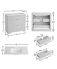 Gaomon Fluted Bathroom Vanity with Ceramic Sink Freestanding Cabinet with Soft-Close Drawers and 1 Rotating-Down Drawer 36 In