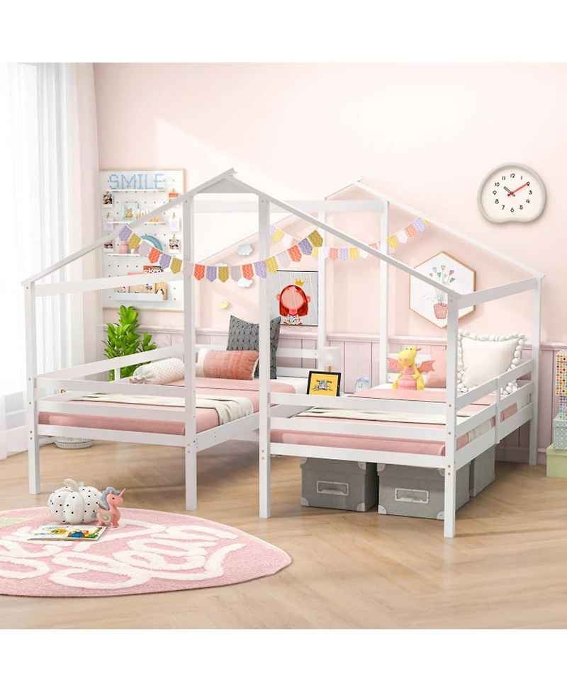 Gouun Double Twin Wood House Bed Set with Shared Built-In Nightstand and Usb Charging