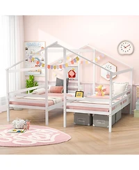 Gouun Double Twin Wood House Bed Set with Shared Built-In Nightstand and Usb Charging