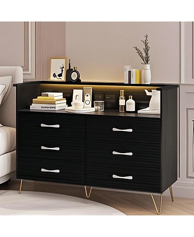 gaomon 6 Drawer Dresser with Led Lights and Charging Station, Wood Storage Chest Steel Frame