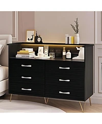 gaomon 6 Drawer Dresser with Led Lights and Charging Station, Wood Storage Chest Steel Frame