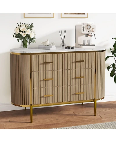 gaomon Fluted 6 Drawer Dresser, Mid Century Modern Wood Chest with Curved Design and Gold Handles