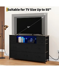 gaomon 10 Drawer Fabric Dresser Tv Stand with Led Lights and Power Outlets, 45"-55" Entertainment Center