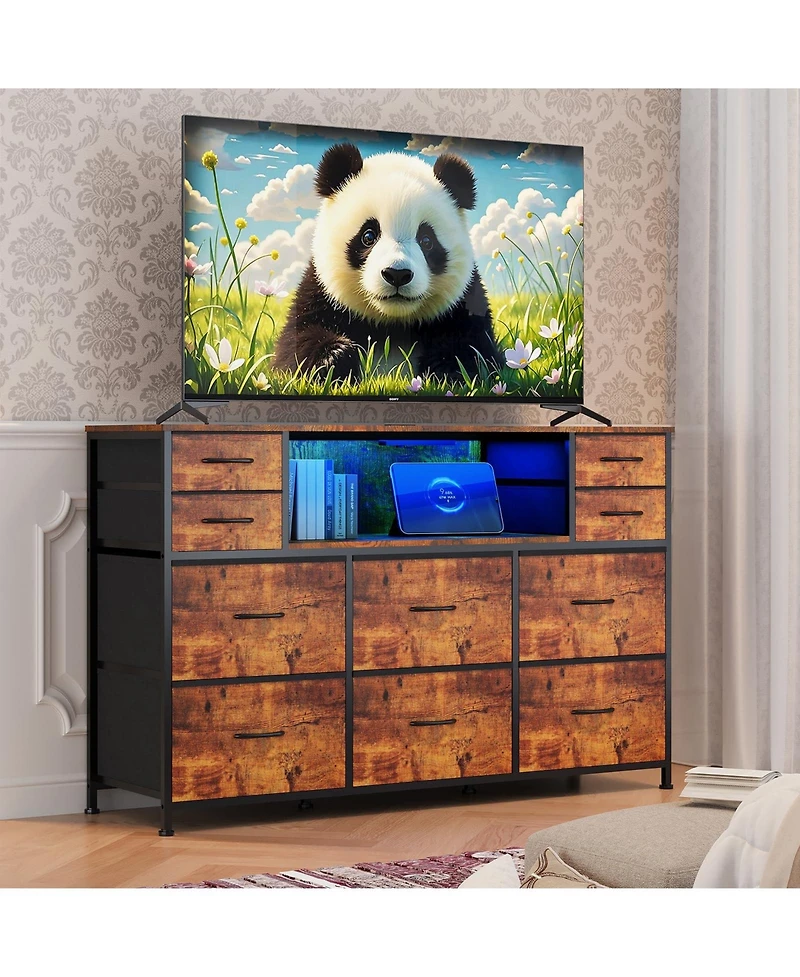 gaomon 10 Drawer Fabric Dresser Tv Stand with Led Lights and Power Outlets, 45"-55" Entertainment Center