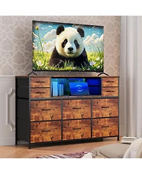 gaomon 10 Drawer Fabric Dresser Tv Stand with Led Lights and Power Outlets, 45"-55" Entertainment Center
