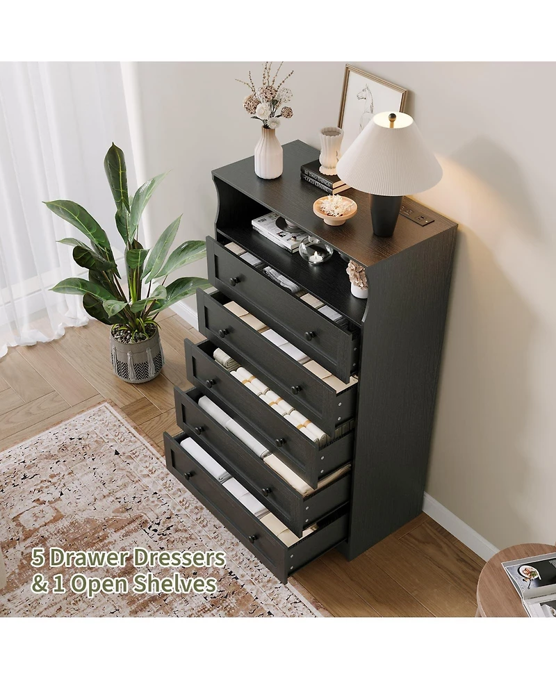gaomon 5 Drawer Dresser with Open Shelf, Led Lights and Charging Station, Tall Wood Storage Cabinet for Bedroom