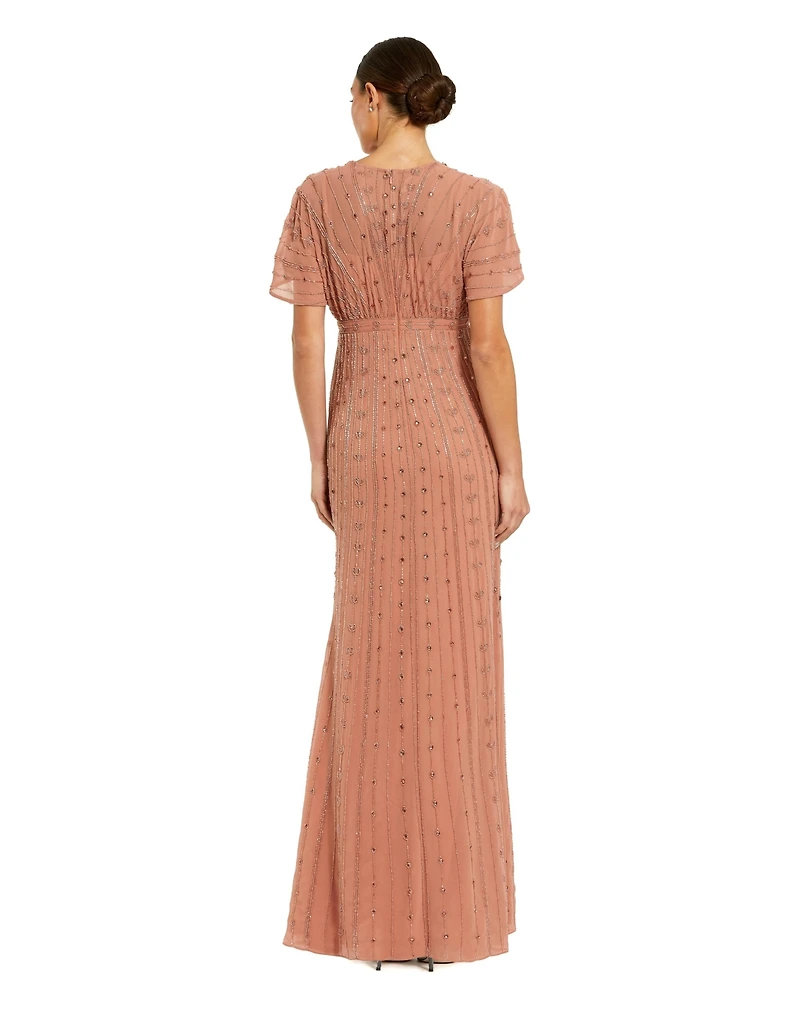 Mac Duggal Women's Beaded Short Sleeve V-Neck Empire Waist Gown