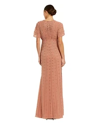 Mac Duggal Women's Beaded Short Sleeve V-Neck Empire Waist Gown