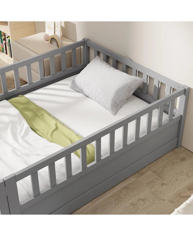 Rainsken Montessori Floor Bed, with Fence and Open Door, Children's Bed Frame