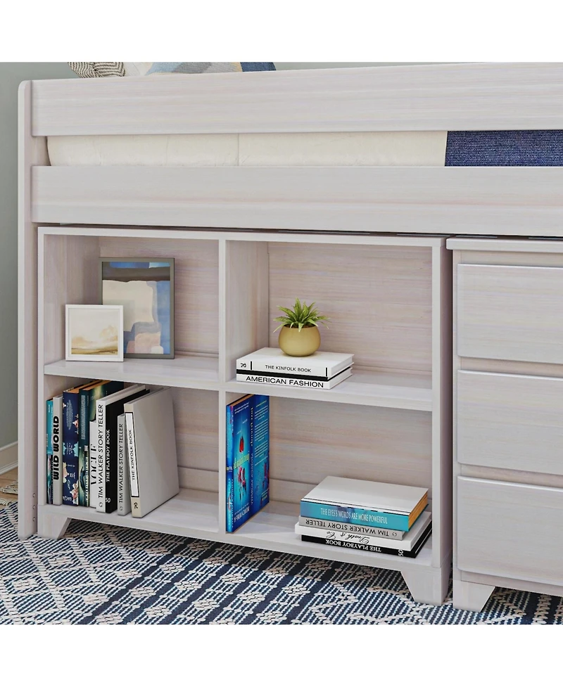Max & Lily Modern Farmhouse Low Loft Bed, Twin Bed Frame for Kids with 3-Drawer Dresser and 4-Shelf Bookcase