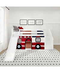 Max & Lily Low Twin over Bunk With Stairs, Easy Slide and Firetruck Curtain
