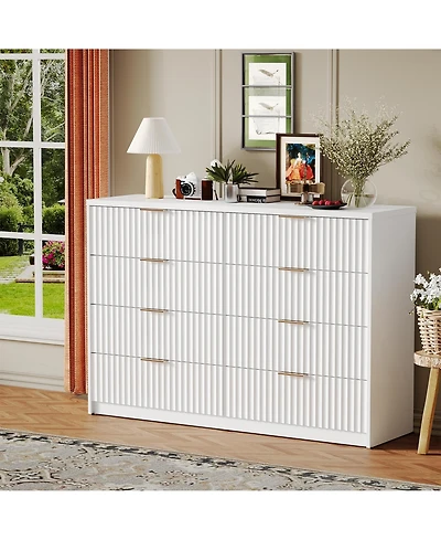 gaomon 8 Drawer Fluted Double Dresser with Metal Handles, Modern Wood Storage Chest for Bedroom Entryway