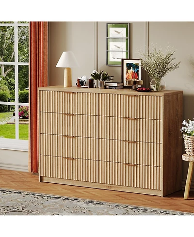 gaomon 8 Drawer Fluted Double Dresser with Metal Handles, Modern Wood Storage Chest for Bedroom Entryway