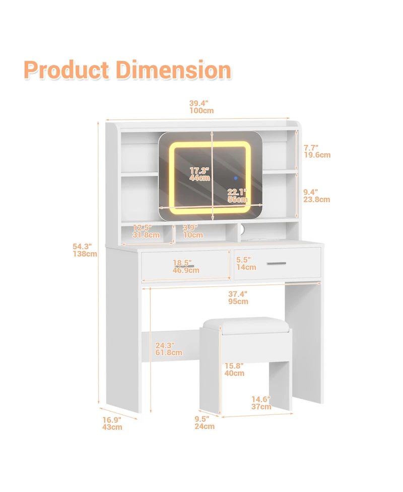 Homfan Vanity Desk with Sliding Mirror, Charging Station, 2 Drawers, Cushioned Stool, 3 Lighting Modes, Dressing Table for Bedroom, Studio