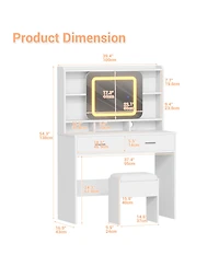 Homfan Vanity Desk with Sliding Mirror, Charging Station, 2 Drawers, Cushioned Stool, 3 Lighting Modes, Dressing Table for Bedroom, Studio