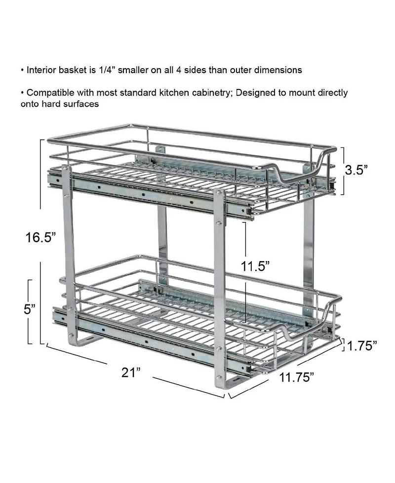 Household Essentials Glidez 11.75" W Steel Pull-Out Storage Organizer, 2-Tier Design, Chrome