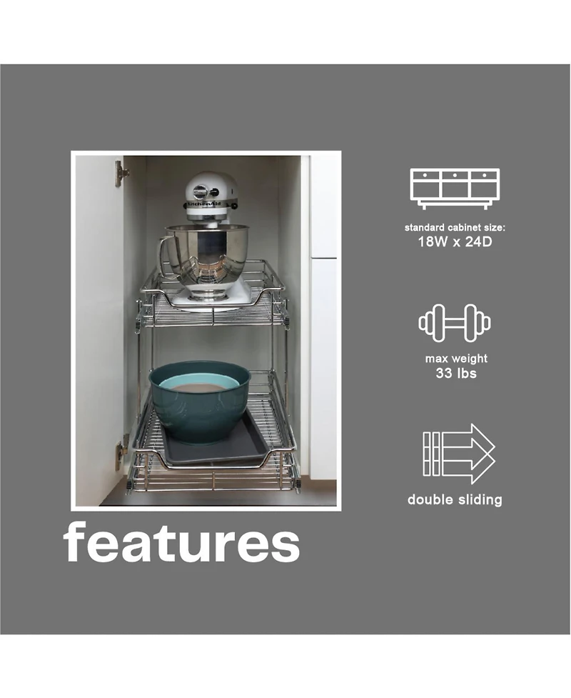 Household Essentials Glidez 14.5" W Steel Pull-Out Basket Storage Organizer, 2-Tier Design, Chrome