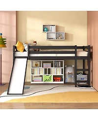 Gouun Twin Low Loft Bed with Built-In Slide and Dual Ladders