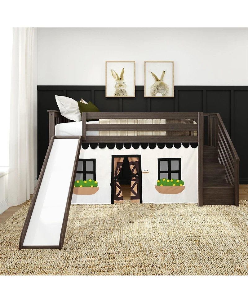 Max & Lily Low Loft With Stairs, Easy Slide and Black White Farmhouse Curtain