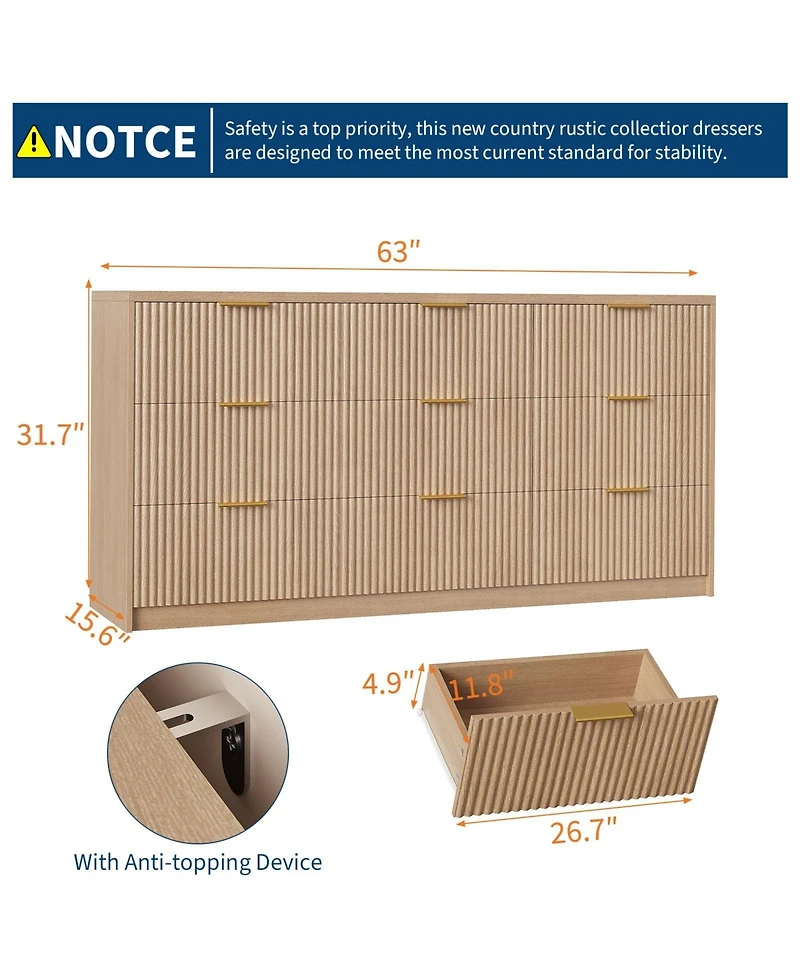 gaomon 9 Drawer Fluted Dresser with Gold Handles, 55" Wide Modern Chest of Drawers for Bedroom Living Room Closet
