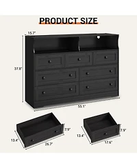 gaomon 7 Drawer Dresser with Led Lights and Charging Station, Wood Storage Cabinet Open Shelves for Bedroom
