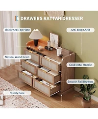 gaomon Farmhouse 6 Drawer Dresser for Bedroom, Rattan Chest of Drawers with Storage,Large Dresser Chest of Drawers with Gold Handle