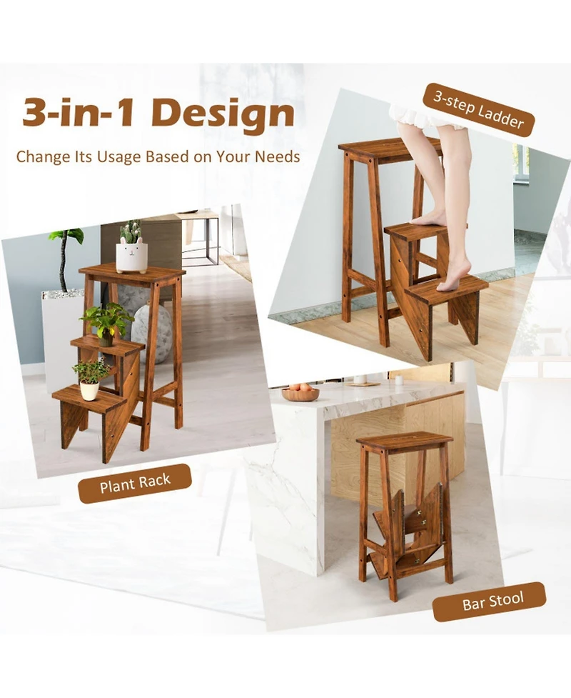 Gouun 30 in. Folding 3-Tier Rubber Wood Step Ladder with Storage Shelf Function