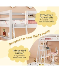 Gouun Twin Size Wood Loft Bed with Study Desk, Multi-Tier Bookshelves and Ladder