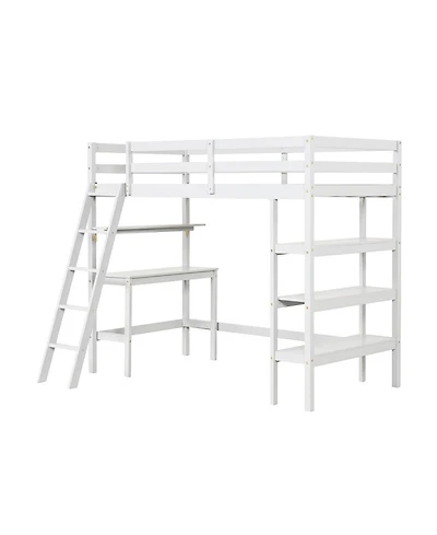 Gouun Twin Size Wood Loft Bed with Study Desk, Multi-Tier Bookshelves and Ladder