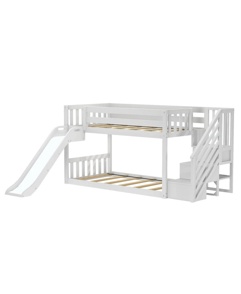 Max & Lily Low Twin over Bunk With Stairs, Easy Slide and Light Pink White Farmhouse Curtain