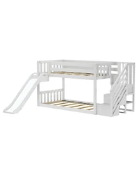 Max & Lily Low Twin over Bunk With Stairs, Easy Slide and Light Pink White Farmhouse Curtain