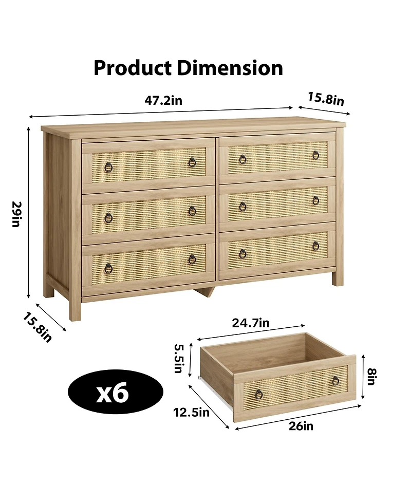 gaomon 6 Drawer Rattan Dresser for Bedroom, Tall Freestanding Boho Chest of Drawers