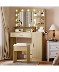 Homfan Modern Vanity Desk with Mirror Led Lights, Power Outlet, Storage Shelf, Hairdryer Rack, Adjustable Lighting, Cushioned Stool for Bedroom