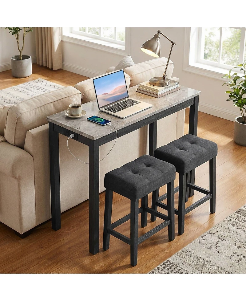 Slickblue 3 Piece Bar Table Set with Charging Station and Faux Marble Top Design
