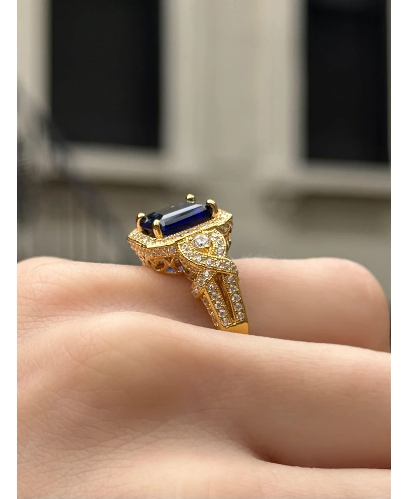 Suzy Levian Yellow Sterling Silver Emerald-Cut and White Cubic Zirconia Pave Ring