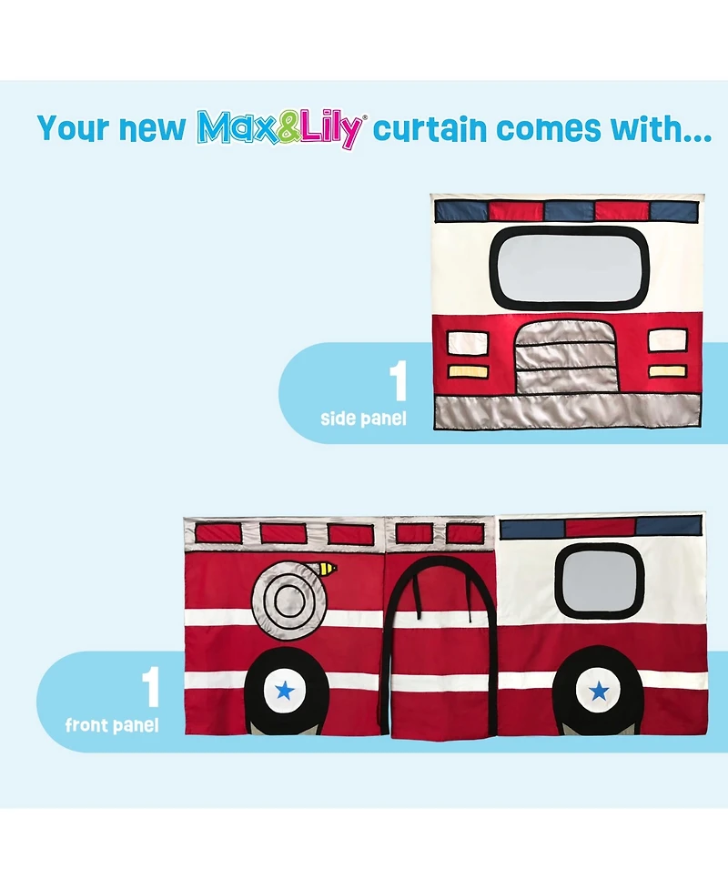 Max and Lily Low Bunk With Easy Slide Firetruck Curtain