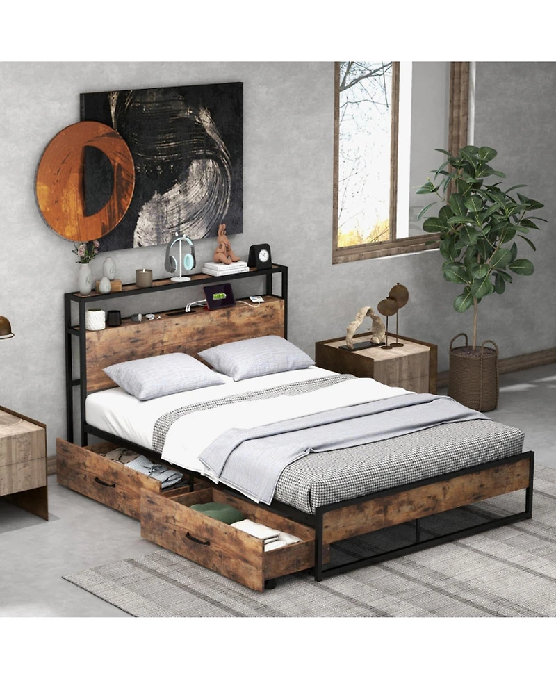 Gouun Full Size Bed Frame with Charging Station, 2 Headboard Shelves and Pull-Out Drawers