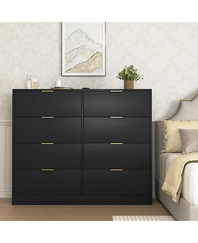 Rainsken 8 Drawer Dresser for Bedroom, Modern Tall Deep Dresser, with Gold Handle, Wood Storage Organize, Bedroom Living Room