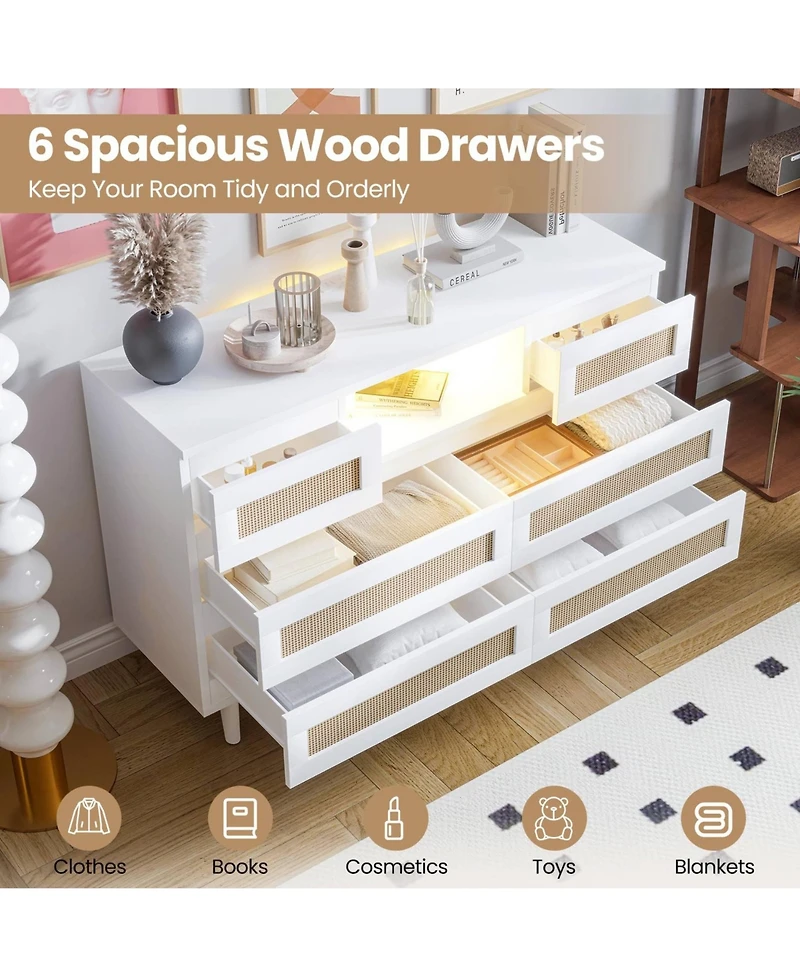 gaomon 6 Drawer Rattan Dresser with Led Lights and Charging Station, Modern Double Chest