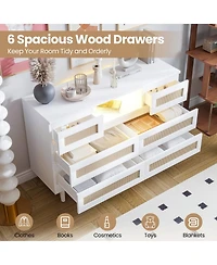 gaomon 6 Drawer Rattan Dresser with Led Lights and Charging Station, Modern Double Chest