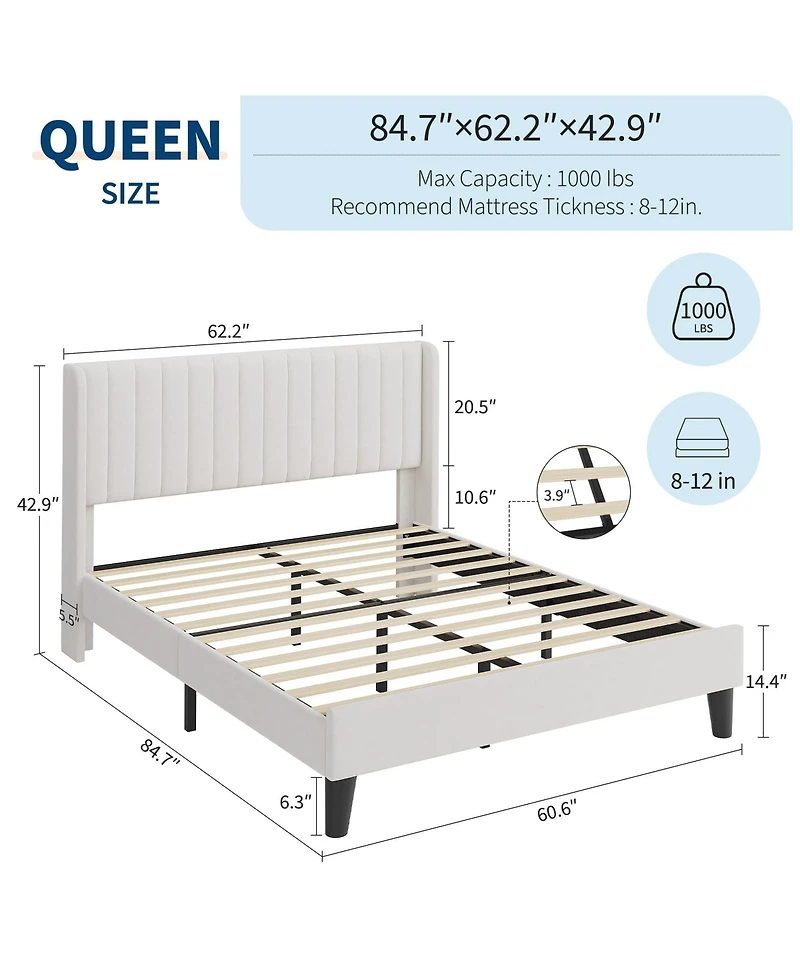 gaomon Bed Frame with Velvet Wingback Headboard, Vertical Tufting