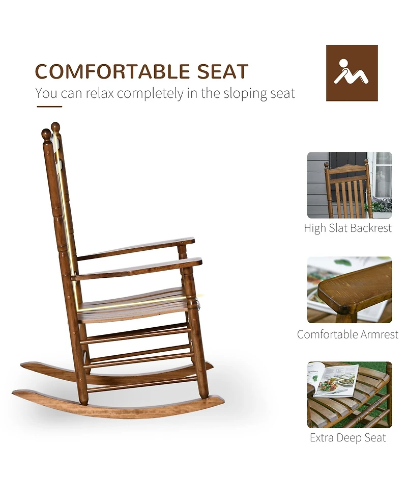 Outsunny Traditional Wooden High-Back Rocking Chair for Porch, Indoor/Outdoor, Brown