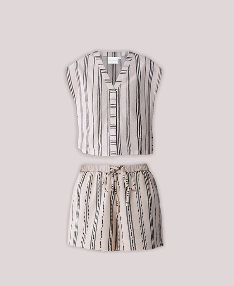 Reistor Women's Striped Matching Set with Regular Shorts and V-neck Top