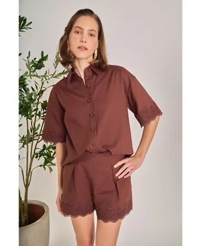 Womens Linen Lace Shorts Shirt