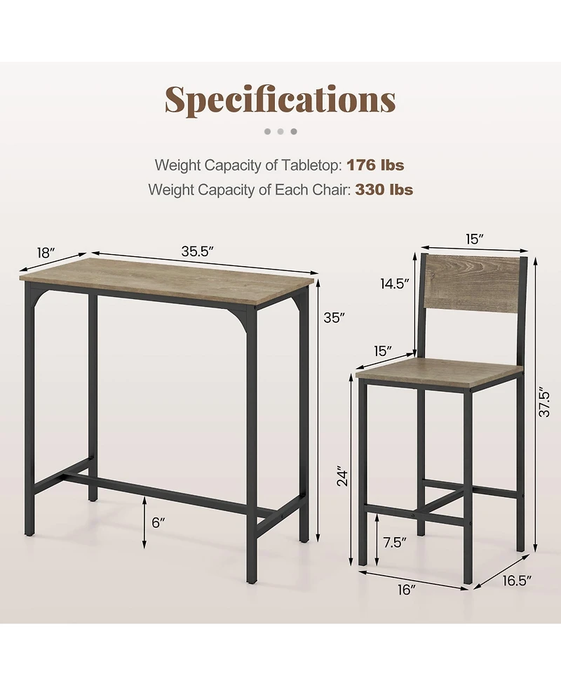 Slickblue Small Space Bar Dining Set 3 Piece with Backrest and Footrest Design