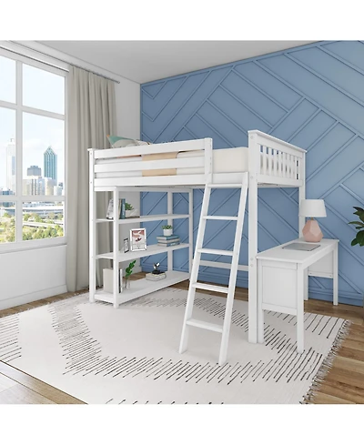 Max and Lily Full High Loft Bed with Desk, Ladder Bookcase, Solid Wood Frame, Space Saving, 400 lbs Weight Capacity, Easy Assembly