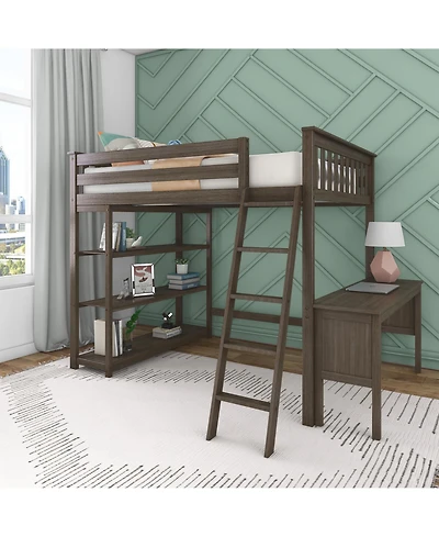 Max and Lily Full High Loft Bed with Desk, Ladder Bookcase, Solid Wood Frame, Space Saving, 400 lbs Weight Capacity, Easy Assembly