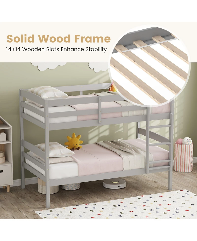 Slickblue Solid Wood Twin Bunk Bed Frame with High Guardrails and Secure Ladder