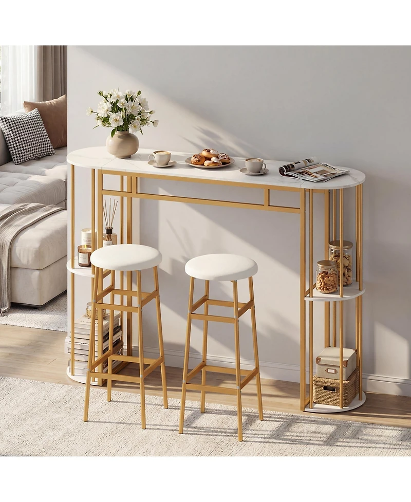 Gymax 3 Pieces 60'' Bar Table Set for 2 w/ Faux Marble Tabletop and Storage Shelves
