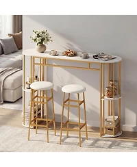 Gymax 3 Pieces 60'' Bar Table Set for 2 w/ Faux Marble Tabletop and Storage Shelves